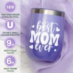 A purple gift box with a 12 oz. "Best Mom Ever" tumbler, knitted flower, heart soap, bath bomb, bath salt, and candle.