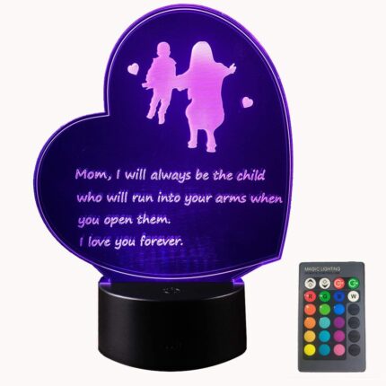 Heart-shaped 3D lamp with a child running to a mother, glowing with multicolor LED light on a dark background.