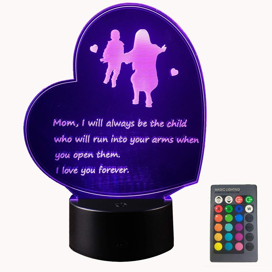 fashen-mothers-day-heart-shaped-3d-lamp-with-poem-best-mom-birthday-gift-01 Heart-shaped 3D lamp with a child running to a mother, glowing with multicolor LED light on a dark background.