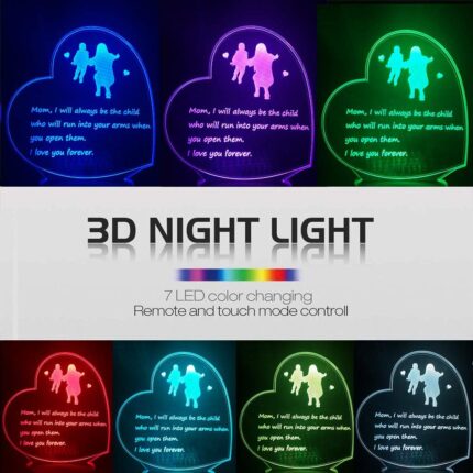 Heart-shaped 3D lamp with a child running to a mother, glowing with multicolor LED light on a dark background.