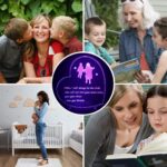 Heart-shaped 3D lamp with a child running to a mother, glowing with multicolor LED light on a dark background.