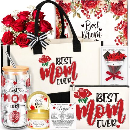 A red Fortuning's JDS gift set for Mom, featuring a 16oz glass tumbler, canvas tote bag, and makeup pouch.