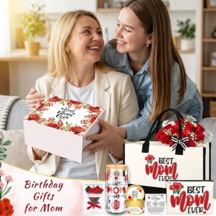 A red Fortuning's JDS gift set for Mom, featuring a 16oz glass tumbler, canvas tote bag, and makeup pouch.