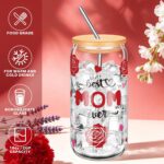 A red Fortuning's JDS gift set for Mom, featuring a 16oz glass tumbler, canvas tote bag, and makeup pouch.