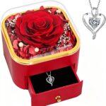 GIFTKING preserved real red rose in a clear dome, set in a red gift box with a pull-out drawer revealing a silver heart neckl