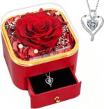 GIFTKING preserved real red rose in a clear dome, set in a red gift box with a pull-out drawer revealing a silver heart neckl