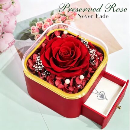 GIFTKING preserved real red rose in a clear dome, set in a red gift box with a pull-out drawer revealing a silver heart neckl