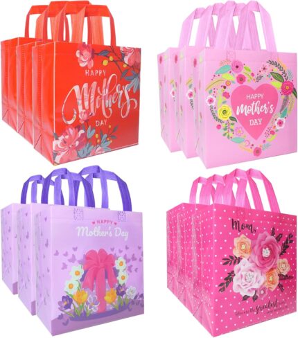 A set of 16 rose-colored HADDIY Mother's Day gift tote bags with floral patterns and handles, displayed together.