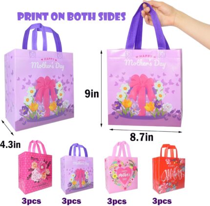 A set of 16 rose-colored HADDIY Mother's Day gift tote bags with floral patterns and handles, displayed together.