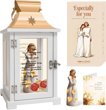 Homazing Mother Daughter Figurine Lantern, featuring a mother and daughter embracing with a flickering LED candle inside.