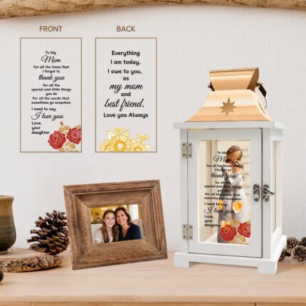 Homazing Mother Daughter Figurine Lantern, featuring a mother and daughter embracing with a flickering LED candle inside.