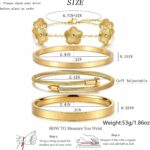 Two ISELBDR 18K gold plated stainless steel bangles, one with a clover design and one with a nail design, stacked together.
