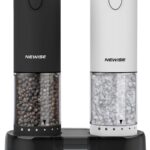 A black and a white Newise electric salt and pepper grinder set, showcasing their sleek design and LED light.
