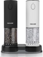A black and a white Newise electric salt and pepper grinder set, showcasing their sleek design and LED light.