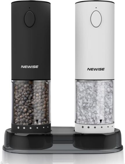 A black and a white Newise electric salt and pepper grinder set, showcasing their sleek design and LED light.