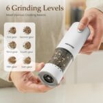 A black and a white Newise electric salt and pepper grinder set, showcasing their sleek design and LED light.