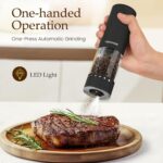 A black and a white Newise electric salt and pepper grinder set, showcasing their sleek design and LED light.