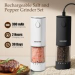 A black and a white Newise electric salt and pepper grinder set, showcasing their sleek design and LED light.