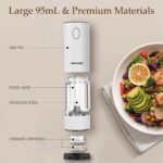 A black and a white Newise electric salt and pepper grinder set, showcasing their sleek design and LED light.