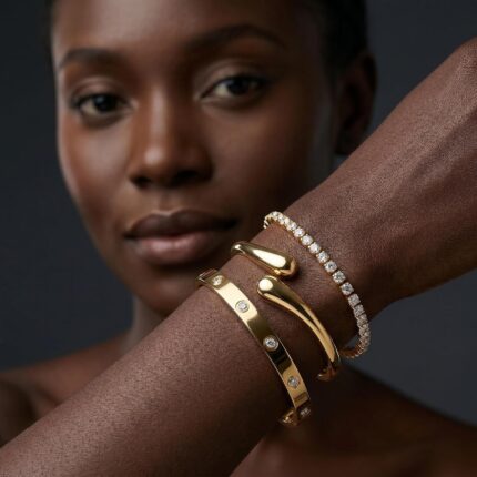 Four gold-plated bracelets, including a floral clover, tennis, chunky twist cuff, and classic bangle, stacked on a wrist.