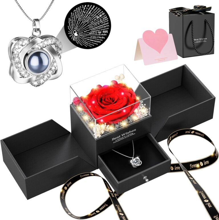 Qnxoat r Preserved Red Rose & "I Love You" Heart Pendant Necklace Gift Set
