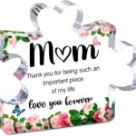 Transparent acrylic puzzle piece with "Mom" and a loving message, ideal for tabletop display.