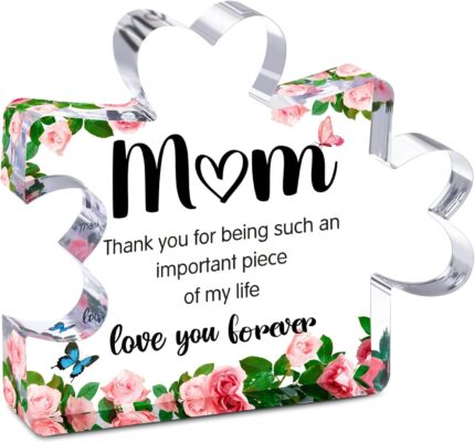 Transparent acrylic puzzle piece with "Mom" and a loving message, ideal for tabletop display.
