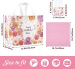 Two large pink floral gift bags with handles, tissue paper, greeting cards, and stickers for Mother's Day gifts.