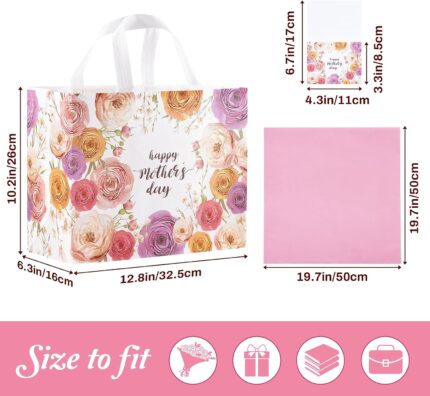 Two large pink floral gift bags with handles, tissue paper, greeting cards, and stickers for Mother's Day gifts.