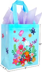 Two SUNCOLOR gift bags, one pink and one blue, with floral and butterfly designs, shown with tissue paper.