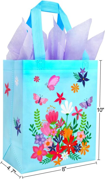 Two SUNCOLOR gift bags, one pink and one blue, with floral and butterfly designs, shown with tissue paper.