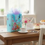 Two SUNCOLOR gift bags, one pink and one blue, with floral and butterfly designs, shown with tissue paper.