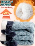 Pair of Welwoos women's fuzzy thermal fleece slipper socks in Balls-blue with non-slip grips on a wooden floor.