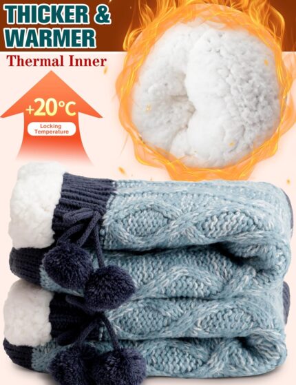 Pair of Welwoos women's fuzzy thermal fleece slipper socks in Balls-blue with non-slip grips on a wooden floor.