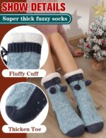 Pair of Welwoos women's fuzzy thermal fleece slipper socks in Balls-blue with non-slip grips on a wooden floor.
