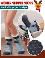 Pair of Welwoos women's fuzzy thermal fleece slipper socks in Balls-blue with non-slip grips on a wooden floor.