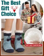 Pair of Welwoos women's fuzzy thermal fleece slipper socks in Balls-blue with non-slip grips on a wooden floor.