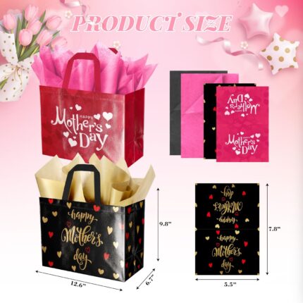 Two ysmile Mother's Day gift bags, one pink with hearts and one black with gold details, with tissue paper and cards.