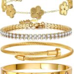Four Zesnoy 18K gold-plated stackable clover bangle bracelets on a white background, showcasing their shine.