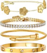 Four Zesnoy 18K gold-plated stackable clover bangle bracelets on a white background, showcasing their shine.